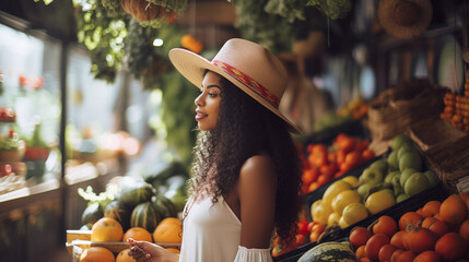 A Latina woman in a straw hat stands behind a fruit and vegetable counter. Woman selling vegetables. - obrazy, fototapety, plakaty