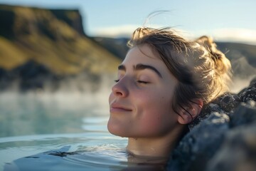 A young woman immersed in relaxation, enjoying a spa experience in the soothing hot springs of Iceland, her eyes closed in bliss as she leans back in the warm thermal water