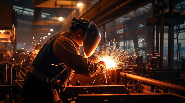 A professional welder welds a complex structure at a factory.