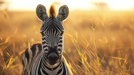 Fototapeta premium Zebra in a grassy field at sunset