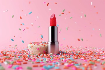 Creative concept with lipstick with colorful cake sprinkles. Minimal make up background. - obrazy, fototapety, plakaty