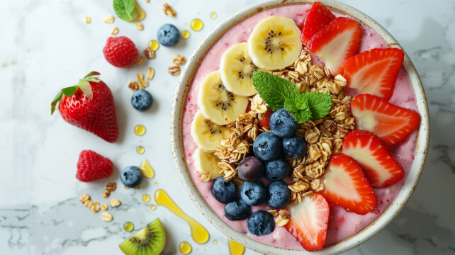 A bowl of fruit and granola smoothie bowl