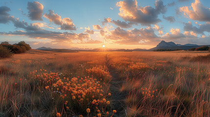 The morning sun rises over a field of wildflowers