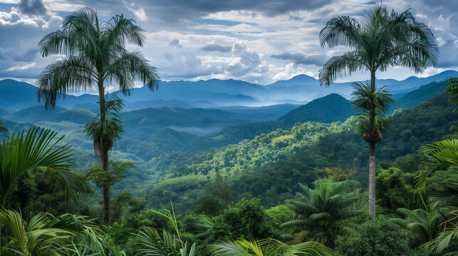 A view of a palm tree forest with mountains in the background