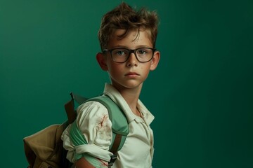 cool young schoolboy with broken arm and green plaster posing in front of green background in the studio - Powered by Adobe