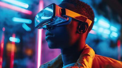 A man in virtual reality glasses explores virtual worlds. - obrazy, fototapety, plakaty