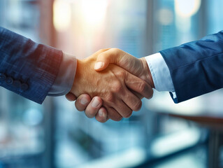 
Two businessmen shaking hands in a gesture symbolizing teamwork for a business merger or acquisition