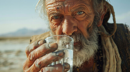 An elderly man drinking water outdoors. - Powered by Adobe