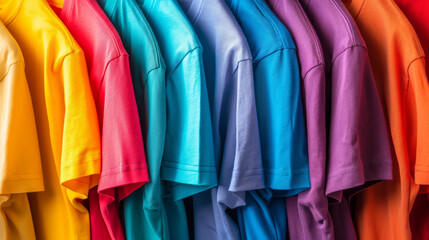 A row of colorful T-shirts.