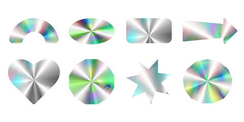 Hologram labels of different shapes. Set of holographic stickers. Trendy shapes collection with gradient.