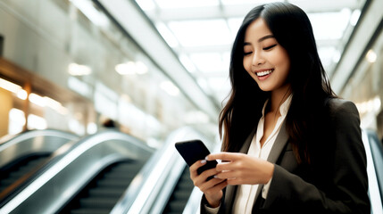 Business Woman on an Escalator Looking at her Mobile Phone