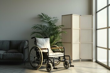 Empty wheelchair with folding screen, plant and sofa in living room
