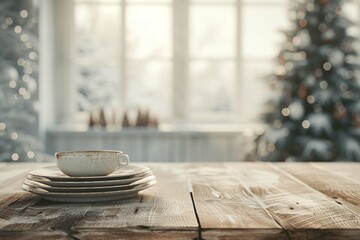 Empty wooden table with crockery on the background blurred winter holiday background.The background can be used for mounting or displaying your products