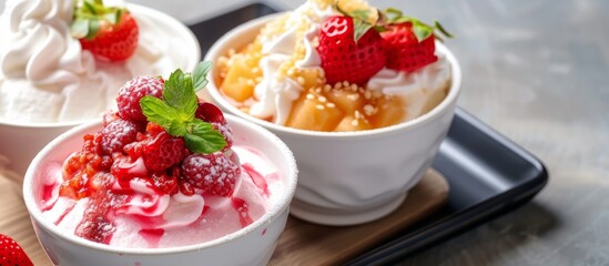 Delicious assortment of three dessert cups filled with fresh strawberries and cream
