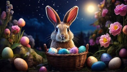 Fototapeta na wymiar Easter bunny in the night bring a basket full of painted easter egg in the flower garden with moving beautyfull night sky created with generative ai.
