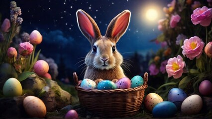 Easter bunny in the night bring a basket full of painted easter egg in the flower garden with moving beautyfull night sky created with generative ai.
