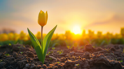 Young Tulip Sprout in Sunlit Field - obrazy, fototapety, plakaty