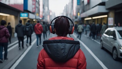 Back view of a woman with headphones walking on an asian city street