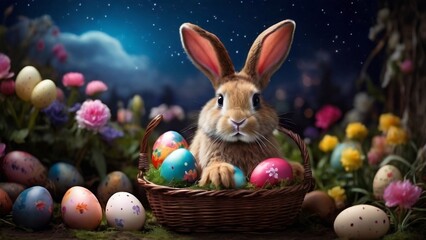 Easter bunny in the night bring a basket full of painted easter egg in the flower garden with moving beautyfull night sky created with generative ai.