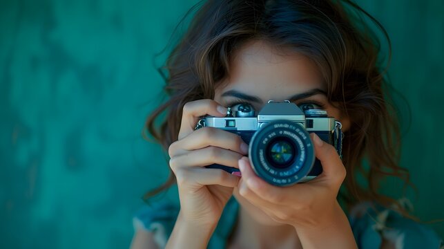 woman with camera, a woman with green eyes holds a camera in front of her face.