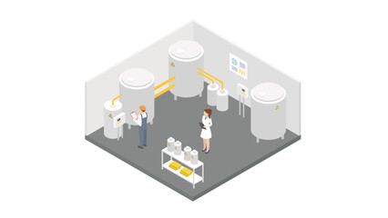 Vector isometric factory room. Industry plant inside. Tanks, industrial machinery, engineers concept.