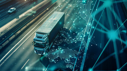 A double exposure, an overhead view of a highway with trucks driving on it, an illustration of smart logistics with a world map with dots and lines. Generative AI