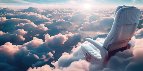 A solitary airplane seat floats surrealistically above the clouds, bathed in the soft glow of sunlight.