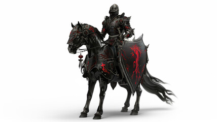 Knight on galloping horse, in black medieval armor with red details, holding shield, white background. Generative AI