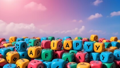 Many many manya colorful. april fool font per dice background. april fool's day background with copy space for text. in sky background created with generative ai. - obrazy, fototapety, plakaty