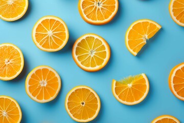 Flat lay pattern with summer citrus fruit on blue background. Minimal concept with sharp shadows....