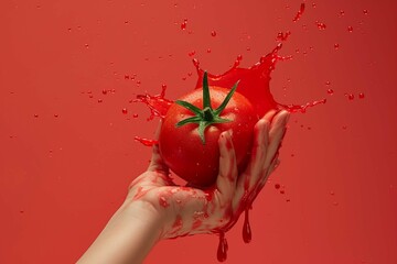 Fresh useful veggies. Female hand squeeze tomato and drops of tomato juice flying up over background. Pop art, surrealism, gravity and taste concept © Manzoor
