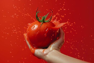 Fresh useful veggies. Female hand squeeze tomato and drops of tomato juice flying up over background. Pop art, surrealism, gravity and taste concept