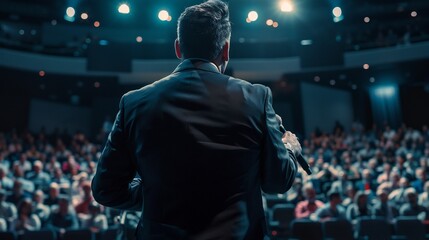 A compelling image capturing the essence of a businessman motivational speaker delivering a powerful speech on success to a diverse audience - obrazy, fototapety, plakaty