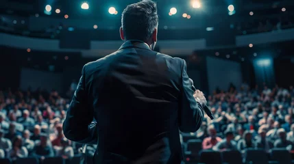 Foto op Plexiglas A compelling image capturing the essence of a businessman motivational speaker delivering a powerful speech on success to a diverse audience © artfisss