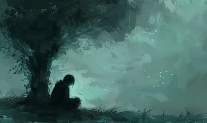 A silhouette of a lonely person sits under a tree in an emotional, dark place, representing the concept of depression