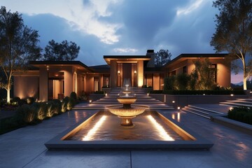 Home exterior with water fountain at night / twilight. - obrazy, fototapety, plakaty