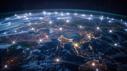 Illuminated network lines and nodes over Earth at night, depicting global connectivity.