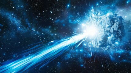 Dramatic blue space scene with comet or meteor shards dispersing light. - obrazy, fototapety, plakaty