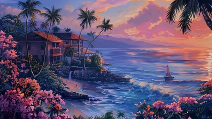 A picturesque villa overlooking a sparkling coastline, framed by swaying palm trees and vibrant tropical flowers, the salty breeze carrying the scent of the ocean - obrazy, fototapety, plakaty