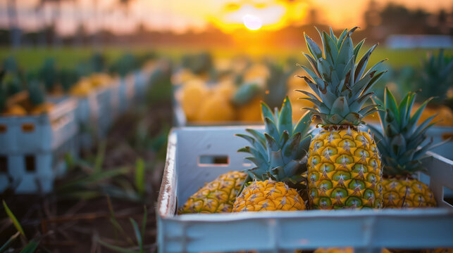 A close-up view of a crate filled with pineapples in a field at sunset, with soft light casting a warm glow over the scene.