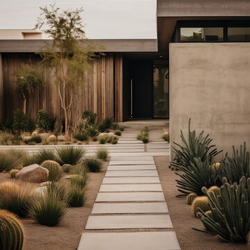 Modern concrete house exterior with cacti and succulents. Nobody inside
