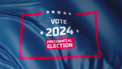 3D VFX animation of waving flag with the inscription about 2024 presidential election in USA. Campaign trail of the future President of America. Concept of democracy, civic duty and political races. - obrazy, fototapety, plakaty