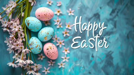 Depicting softly lit multicolored Easter eggs amid spring flowers with a Happy Easter message