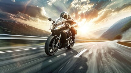 Fototapeta premium a motorcyclist speeding on a highway, leaning into a sharp corner with sporty precision, in a realistic photograph.