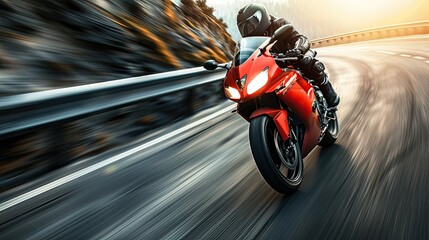Obraz premium a motorcyclist speeding on a highway, leaning into a sharp corner with sporty precision, in a realistic photograph.