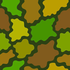 Spots or islands of green, orange, brown, light brown, khaki on a dark green background. Seamless pattern. Nature's protective color print. Military. Vector illustration.