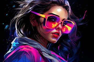 Neon, bright, colorful cyberpunk woman on a black background