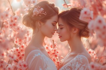 Attractive beauty couple woman in dress posing in blooming sakura park. Close up portrait of young girlfriends with pink cherry flowers
