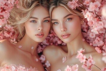 Attractive beauty couple woman in dress posing in blooming sakura park. Close up portrait of young girlfriends with pink cherry flowers