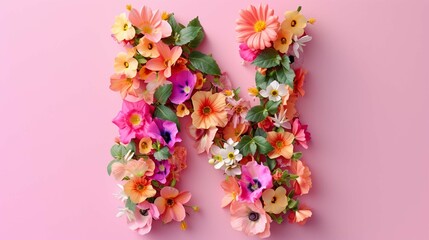letter N made of real natural flowers and leaves. Flower font concept. Unique collection of letters and numbers. Spring, summer and valentines creative idea